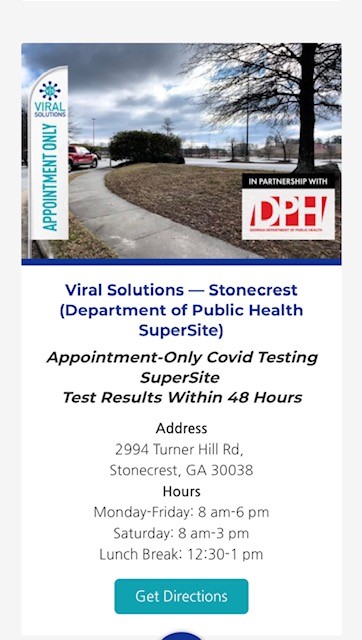 Covid-19 testing flyer with picture of Stonecrest, Georgia testing site and testing information